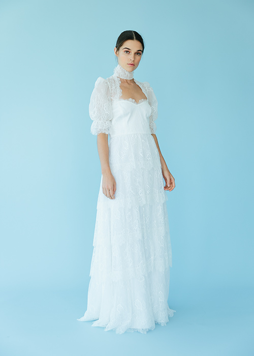 Chantilly lace with scallop trim and choker bridal gown