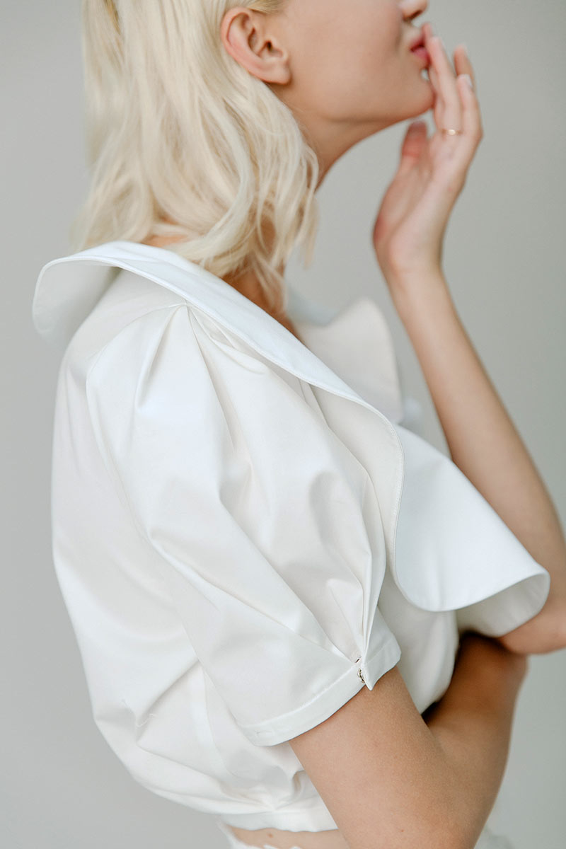 Simone top- italian cotton ruffle neck wrap crop top with puff sleeve. flattering and cool, perfect for wedding parties.