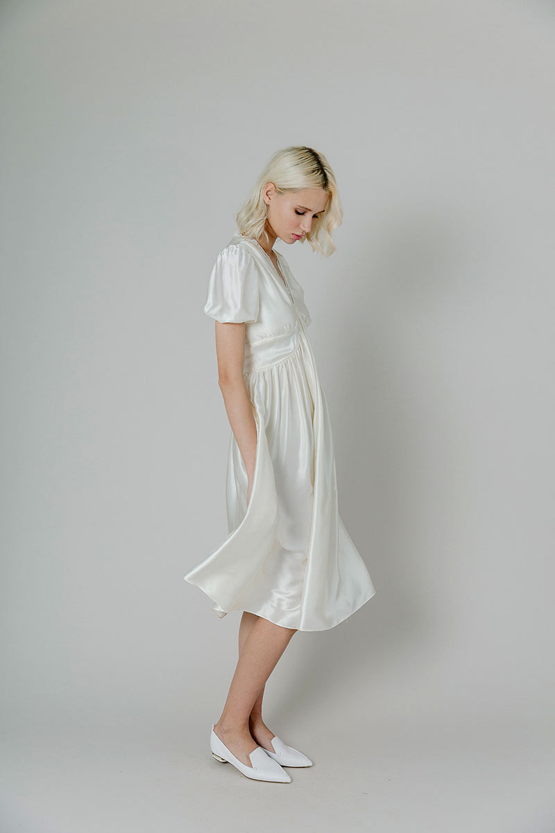 Lucie dress- silk charmeuse tea length dress with lace and embroidery trim details and puff sleeve. vintage inspired