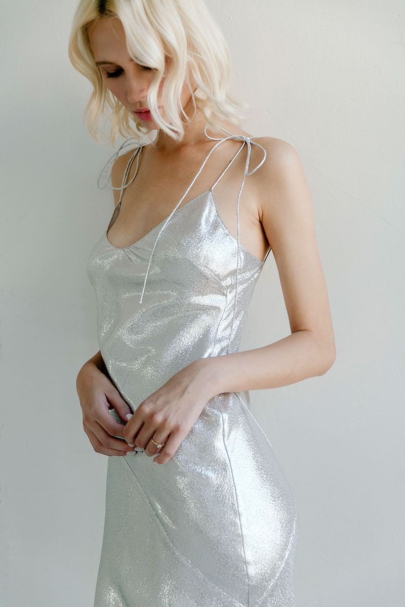 Paris gown- Metallic silk long bias cut slip dress with thin straps that tie in a bow at the shoulders.